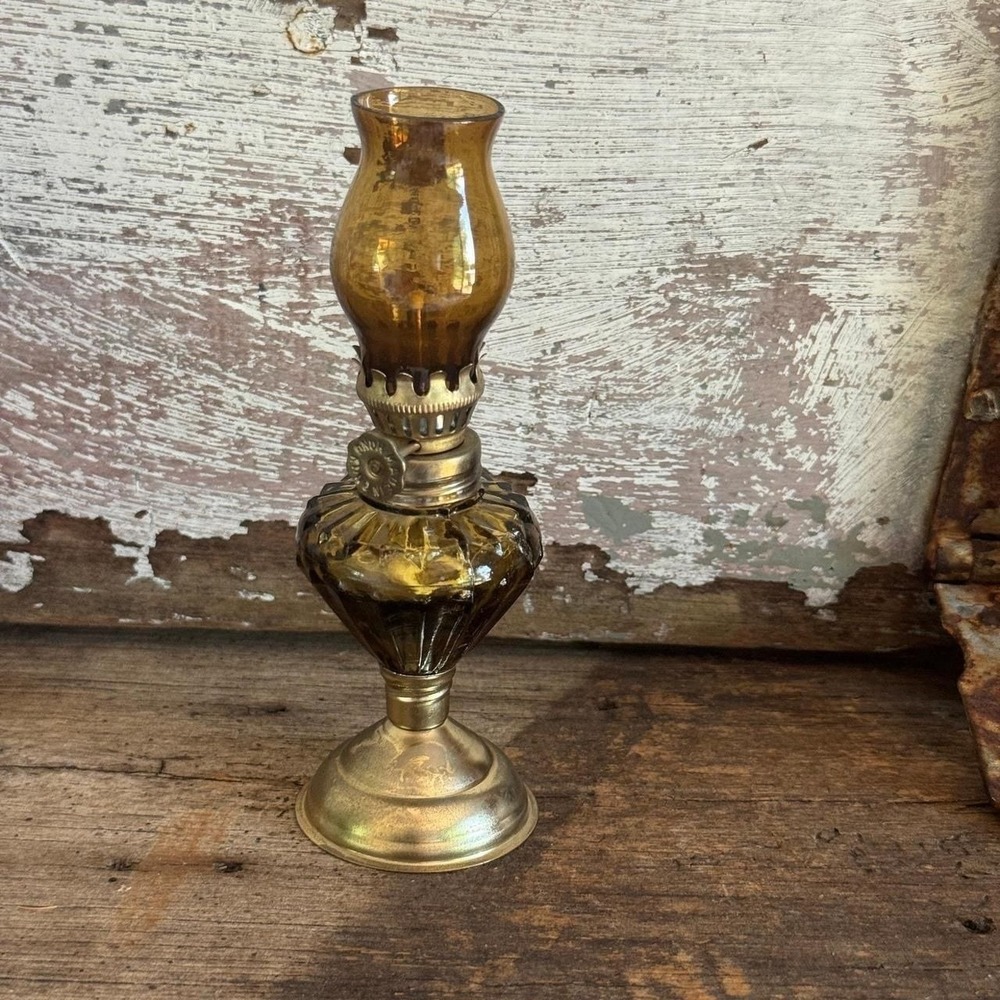 Vintage Miniature Amber Glass Hurricane Oil Lamp Brass Base Made in Hong Kong